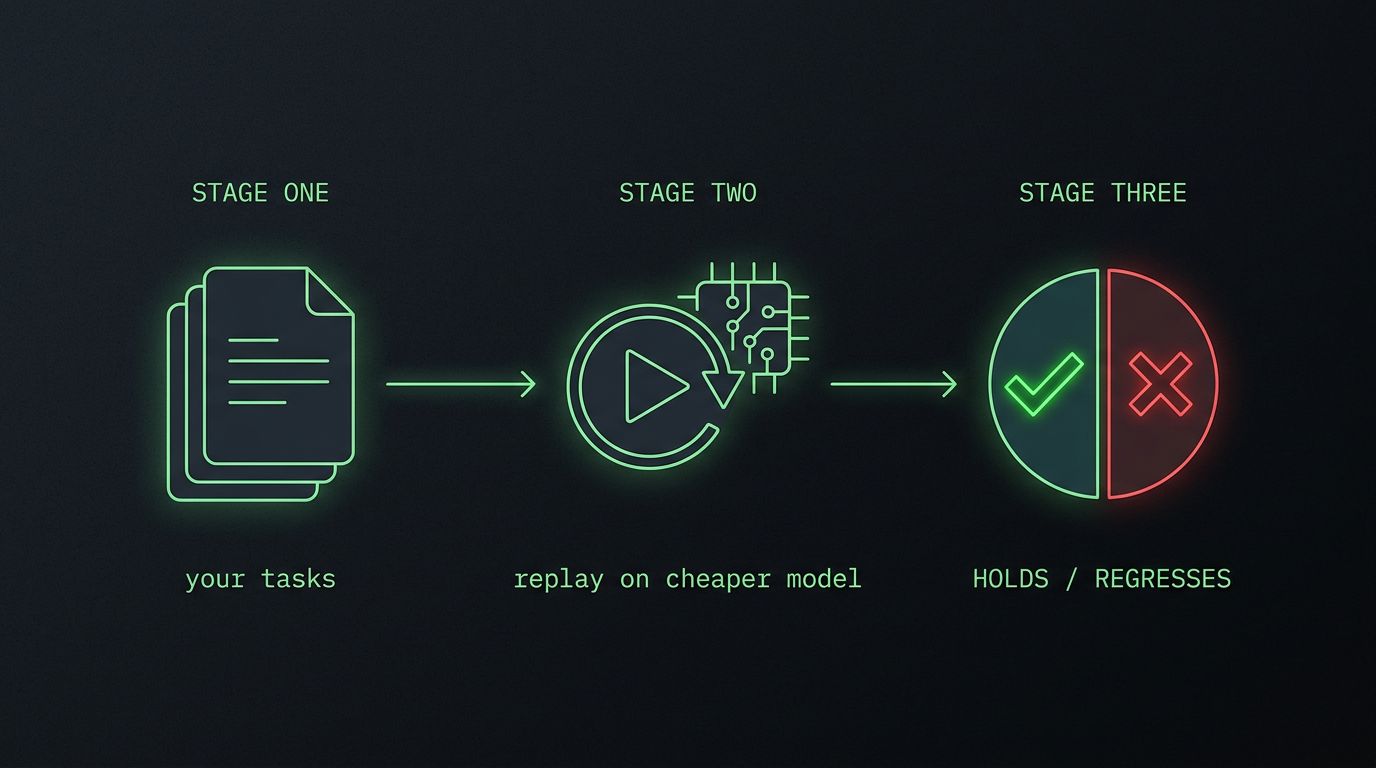 The proof loop as a three-stage flow: your real tasks, then a replay of those tasks on the cheaper model, then a verdict that reads HOLDS or REGRESSES.