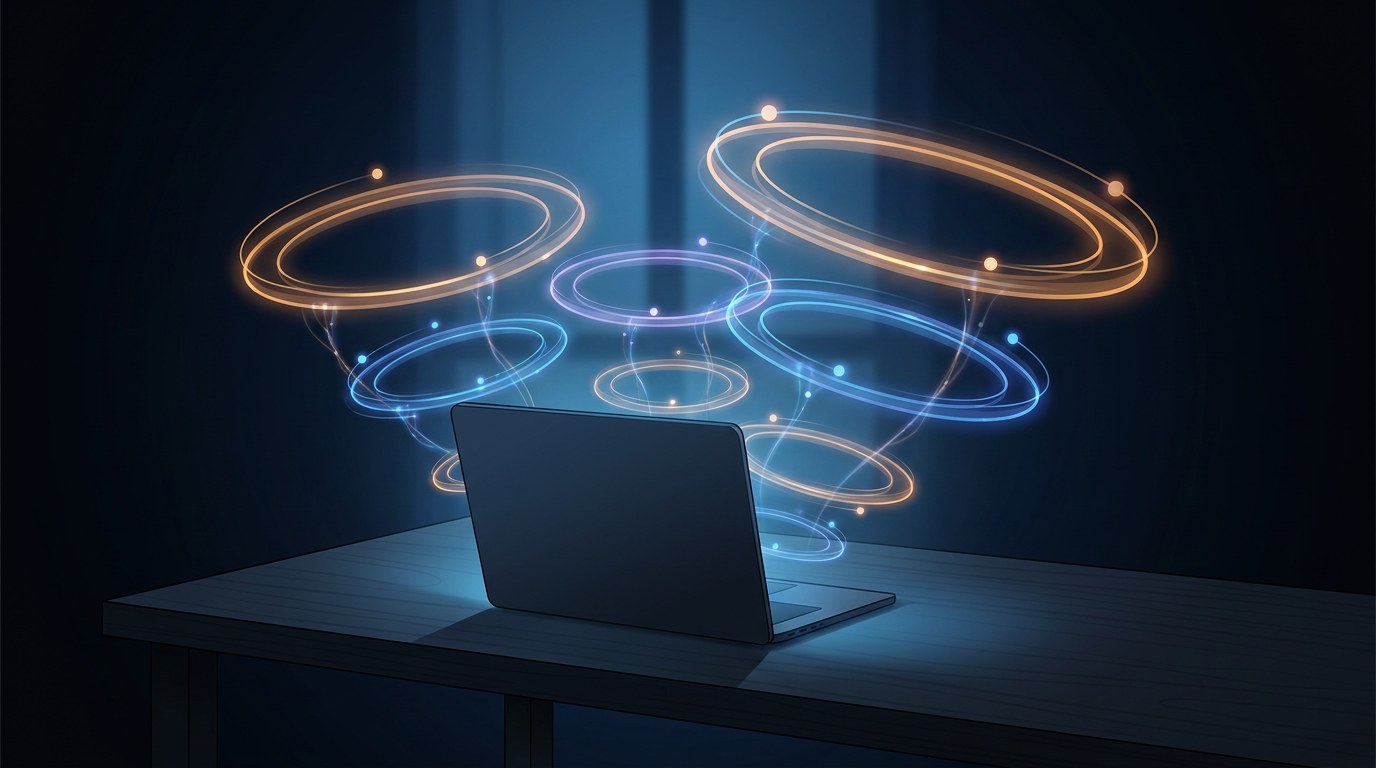 A laptop on a dark desk with luminous orbital rings spiraling above it: a visual metaphor for autonomous loops running unattended while the developer sleeps.