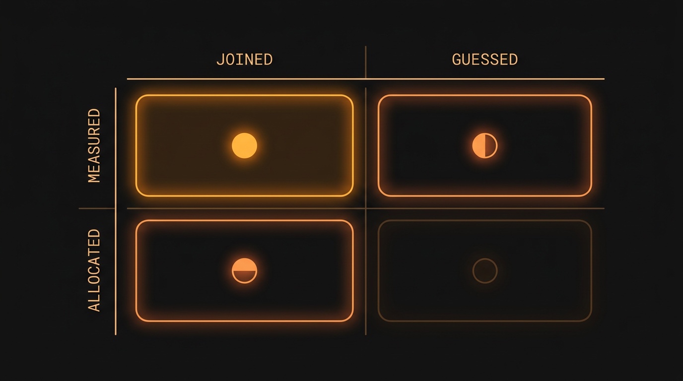 Two-by-two grid: measured and allocated cost down the side, a joined and a guessed attribution across the top, with the measured-and-joined cell the only one fully lit.