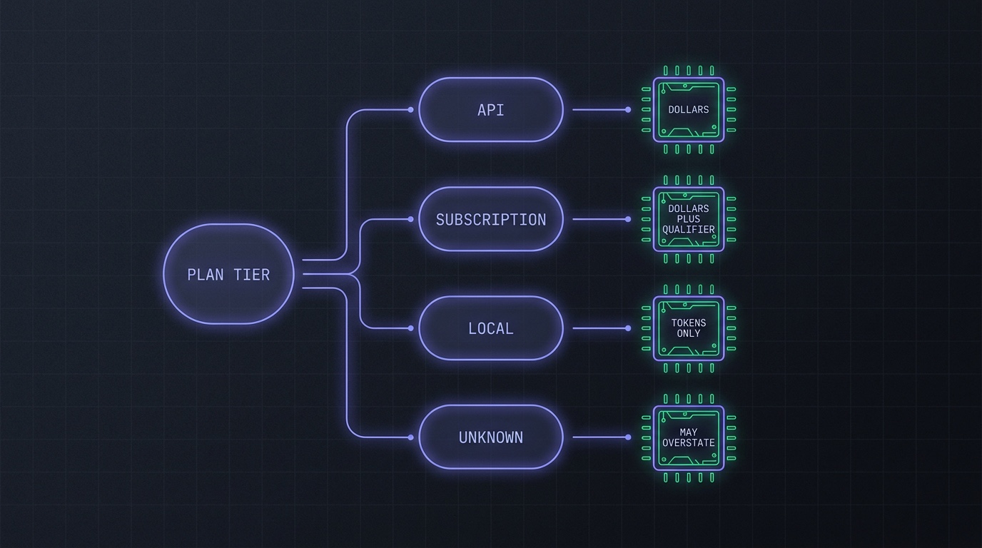 Decision flow from a session's plan tier to its rendering mode: api renders dollars, subscription renders dollars plus a qualifier, local renders tokens only, unknown renders dollars with a may-overstate warning.