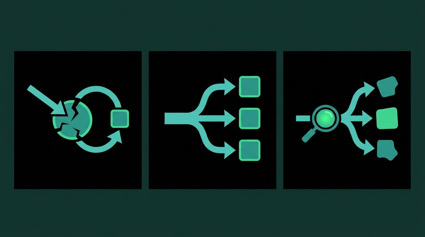 Three side-by-side panels on black: a failover mechanism with one path rerouting around a broken model, a load-balancer fanning equal traffic into three identical squares, and a prompt-aware router inspecting the request through a magnifying glass before choosing between three differently-shaped models.