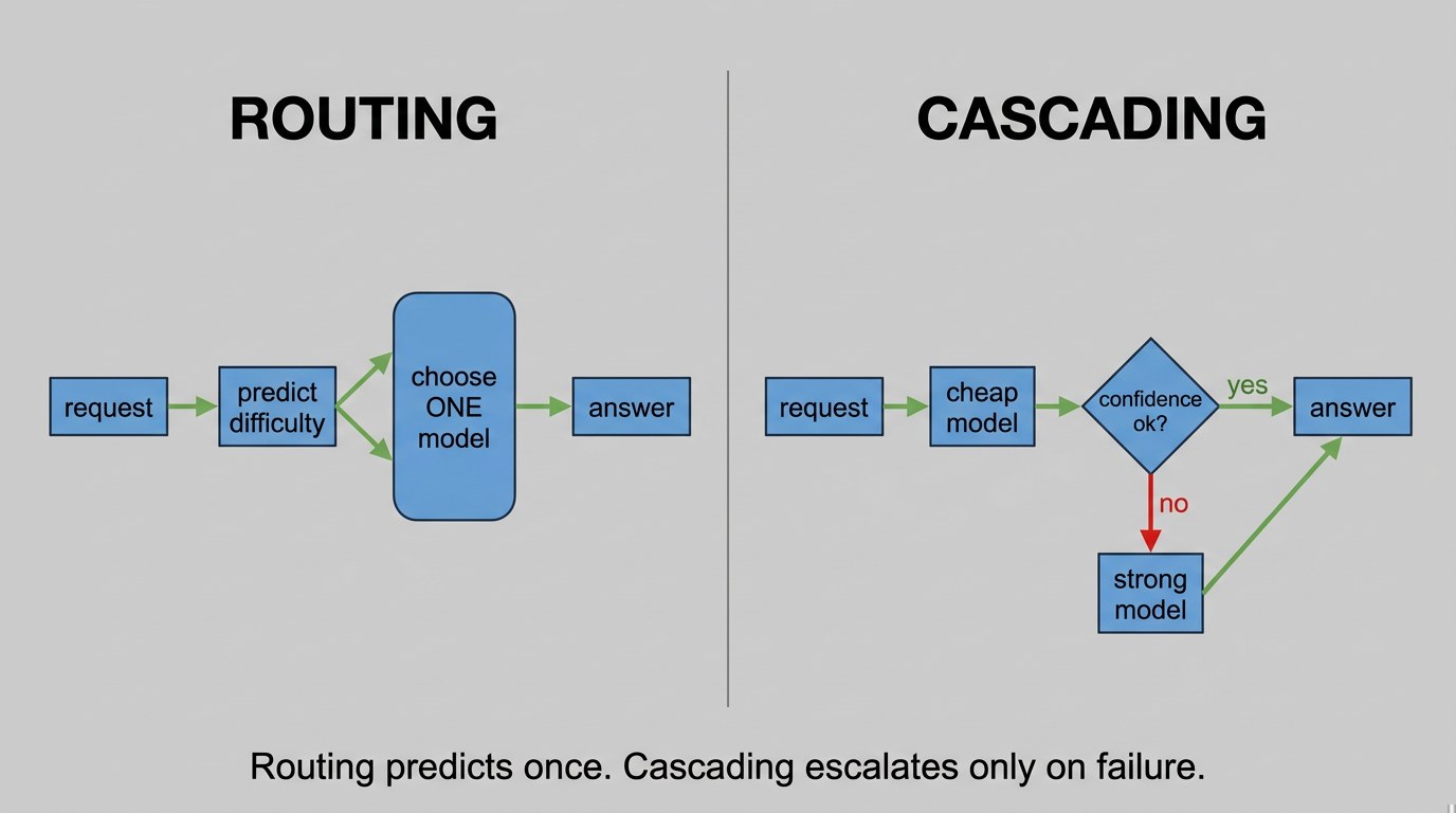 Side-by-side flow diagrams. Left panel "ROUTING": request goes through "predict difficulty" into a single chosen model and out to an answer. Right panel "CASCADING": request hits a cheap model first, a confidence check branches "yes" to an answer or "no" to a strong model. Caption: "Routing predicts once. Cascading escalates only on failure."