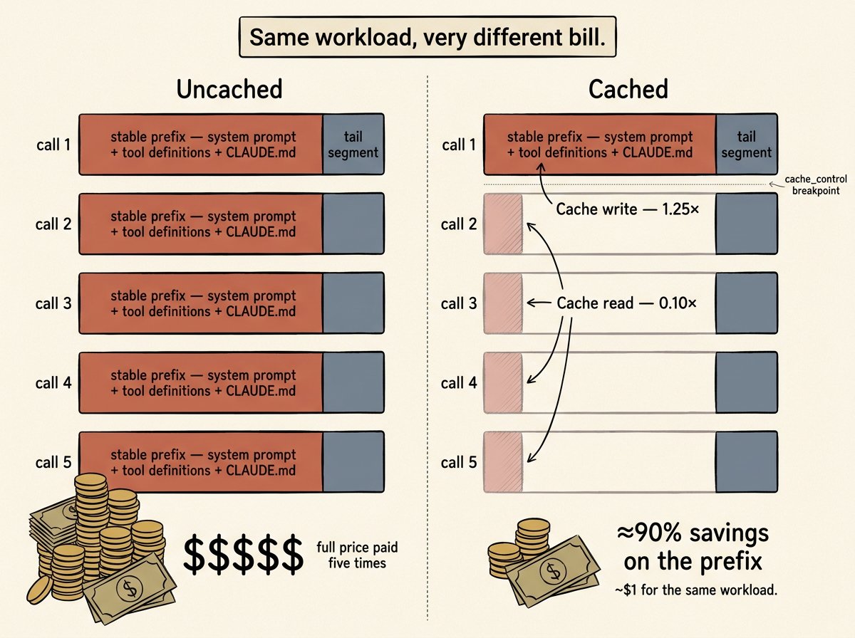 Cached vs uncached prompt prefix: 90% savings on stable system context