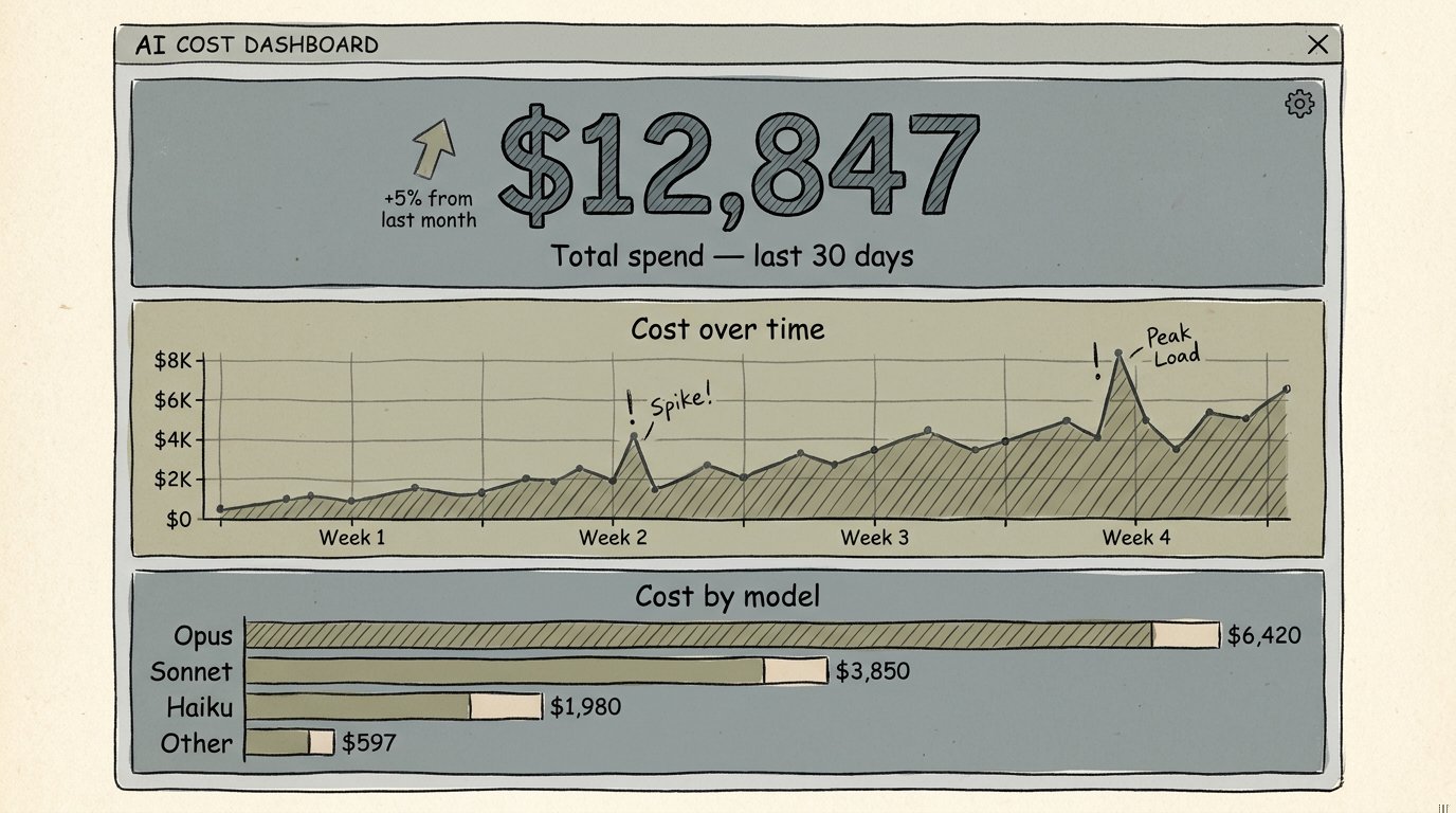 What existing cost dashboards show: spend totals, time series, and breakdowns by axis (illustrative)