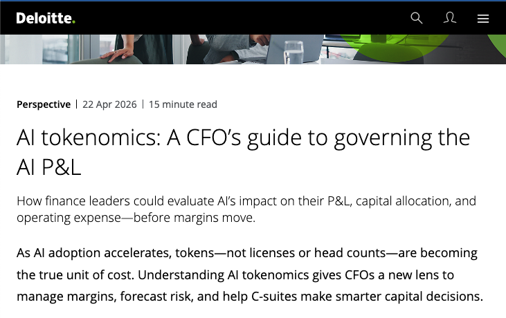Deloitte CFO guide on AI token economics, April 2026