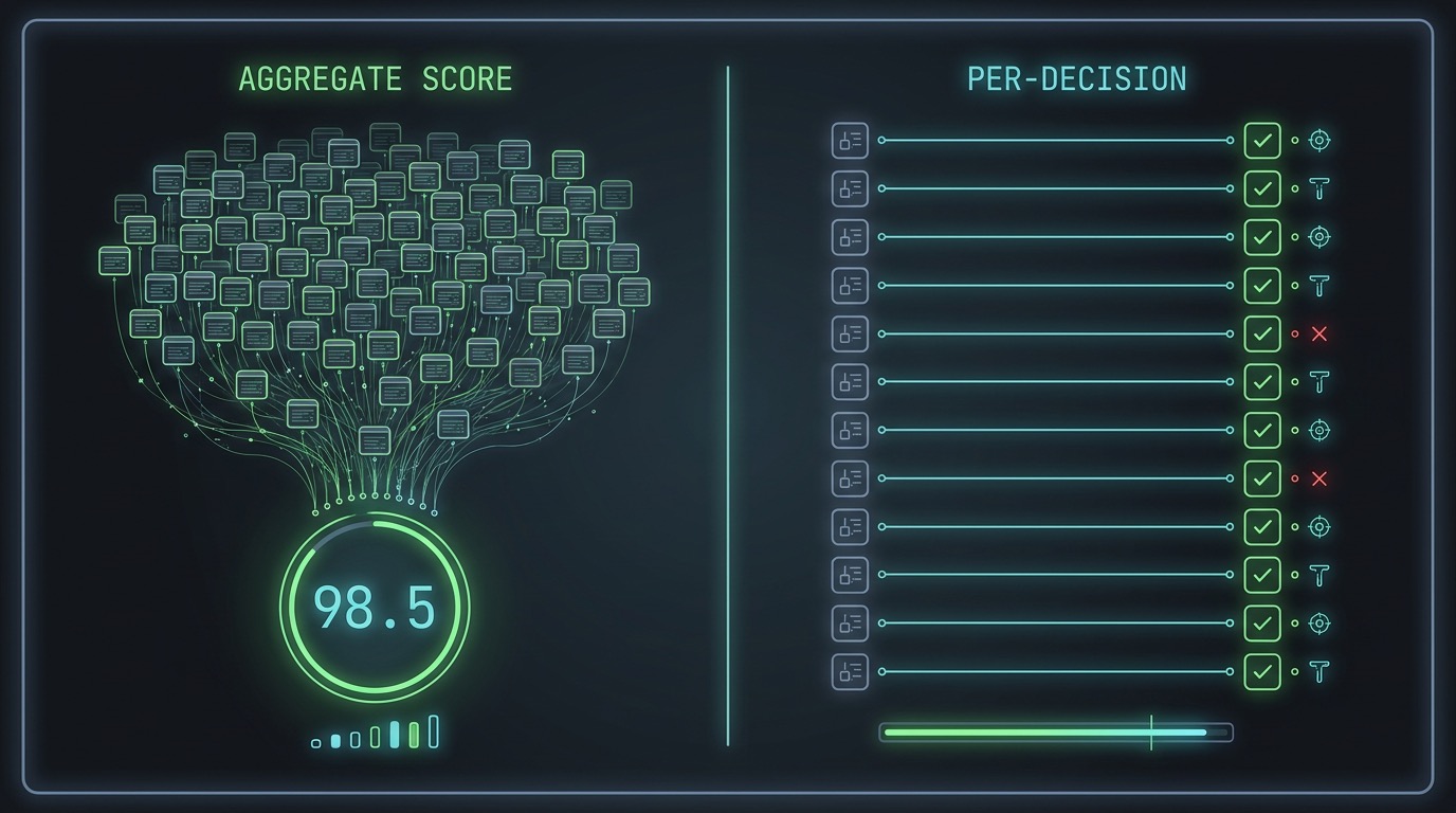 On the left, an eval computes one aggregate score over a whole batch of cases. On the right, per-decision verification checks each individual output against a ground-truth reference. The aggregate number and the per-row checks answer different questions.
