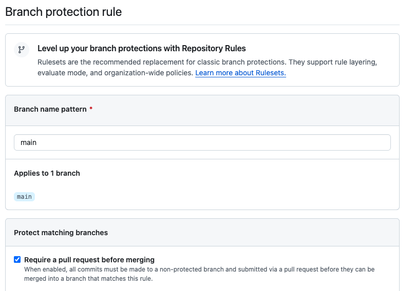 GitHub branch protection rules for main: require pull requests, require status checks, restrict pushes, with enforce_admins toggled on.