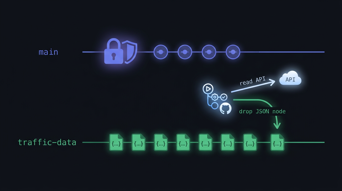 Diagram of an orphan branch: a single repository hosting two unconnected commit timelines, with main on top carrying source code and traffic-data below carrying weekly JSON snapshots and no shared ancestry.