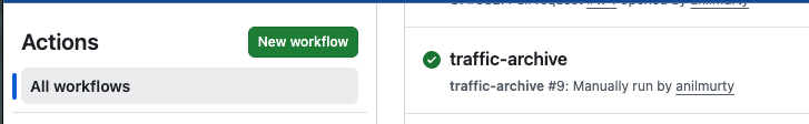GitHub Actions run for the traffic-archive workflow, with a successful "Archive traffic data" step and a successful "Publish the archive to the traffic-data branch" step.