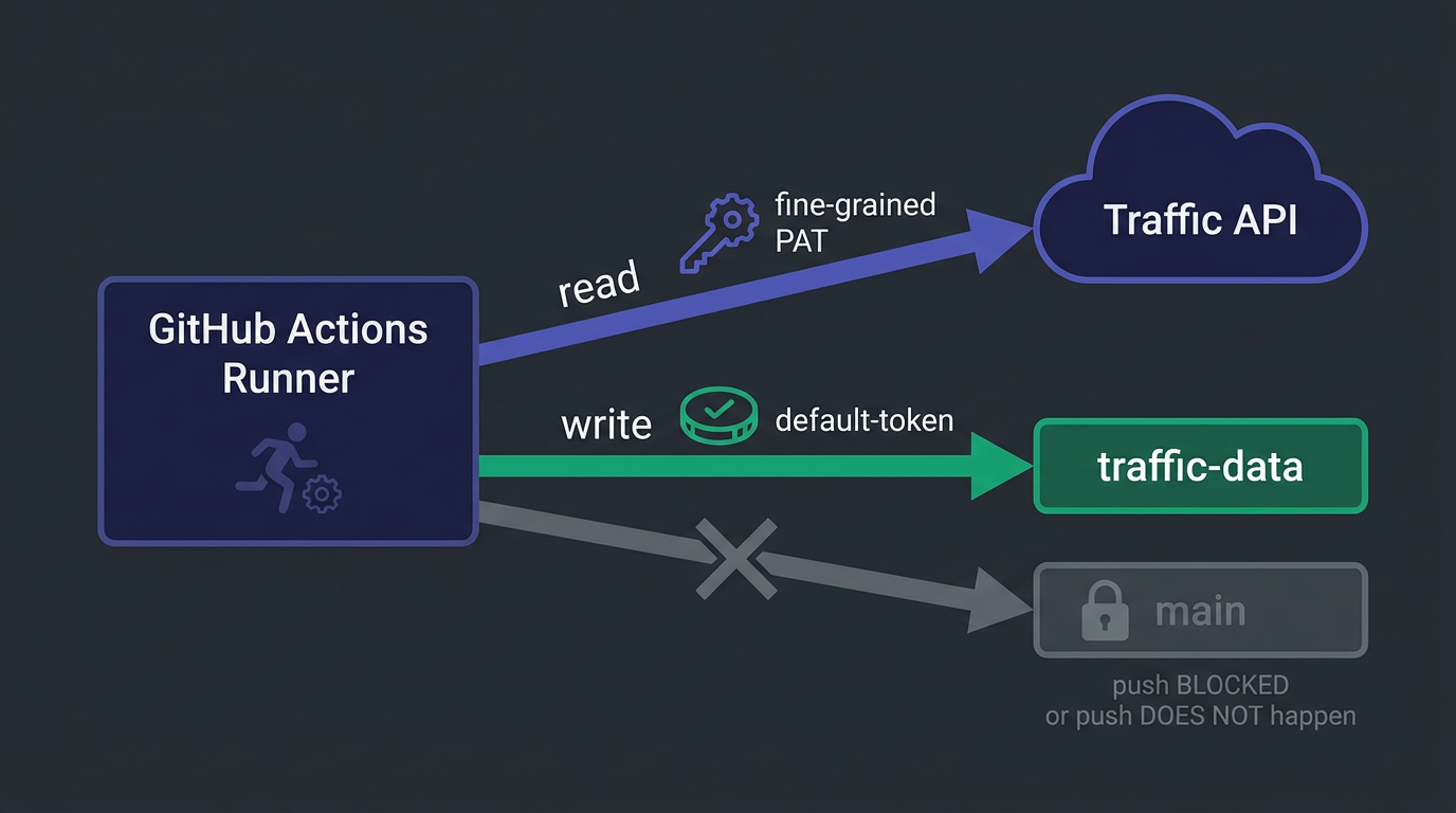 Diagram of the two-token handshake: a fine-grained PAT with Administration Read calls the Traffic API and the default GITHUB_TOKEN with contents write pushes the result onto the unprotected traffic-data branch.