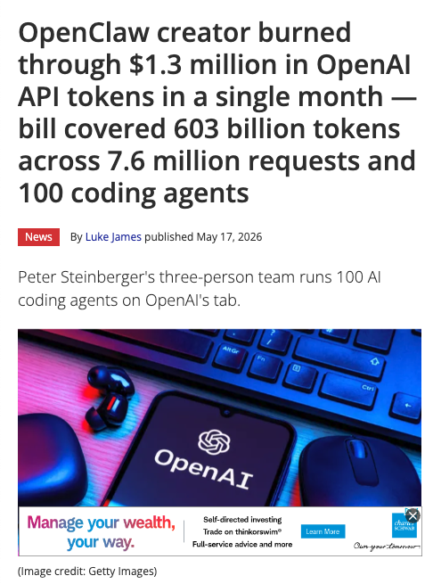 Peter Steinberger's X post showing $1,305,088.81 OpenAI bill over 30 days
