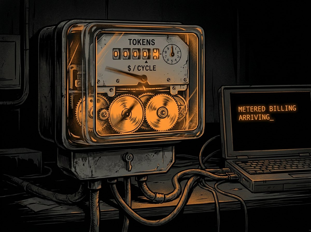 An old industrial utility meter with a 'TOKENS / $ / CYCLE' face wired into a laptop that reads 'METERED BILLING ARRIVING_' in amber CRT type — a visual metaphor for the flat-rate cushion ending and metered billing taking over.
