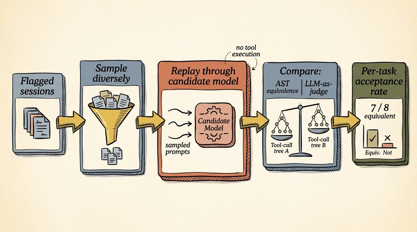 The validation pipeline: sample, replay (no tool execution), compare structurally, aggregate